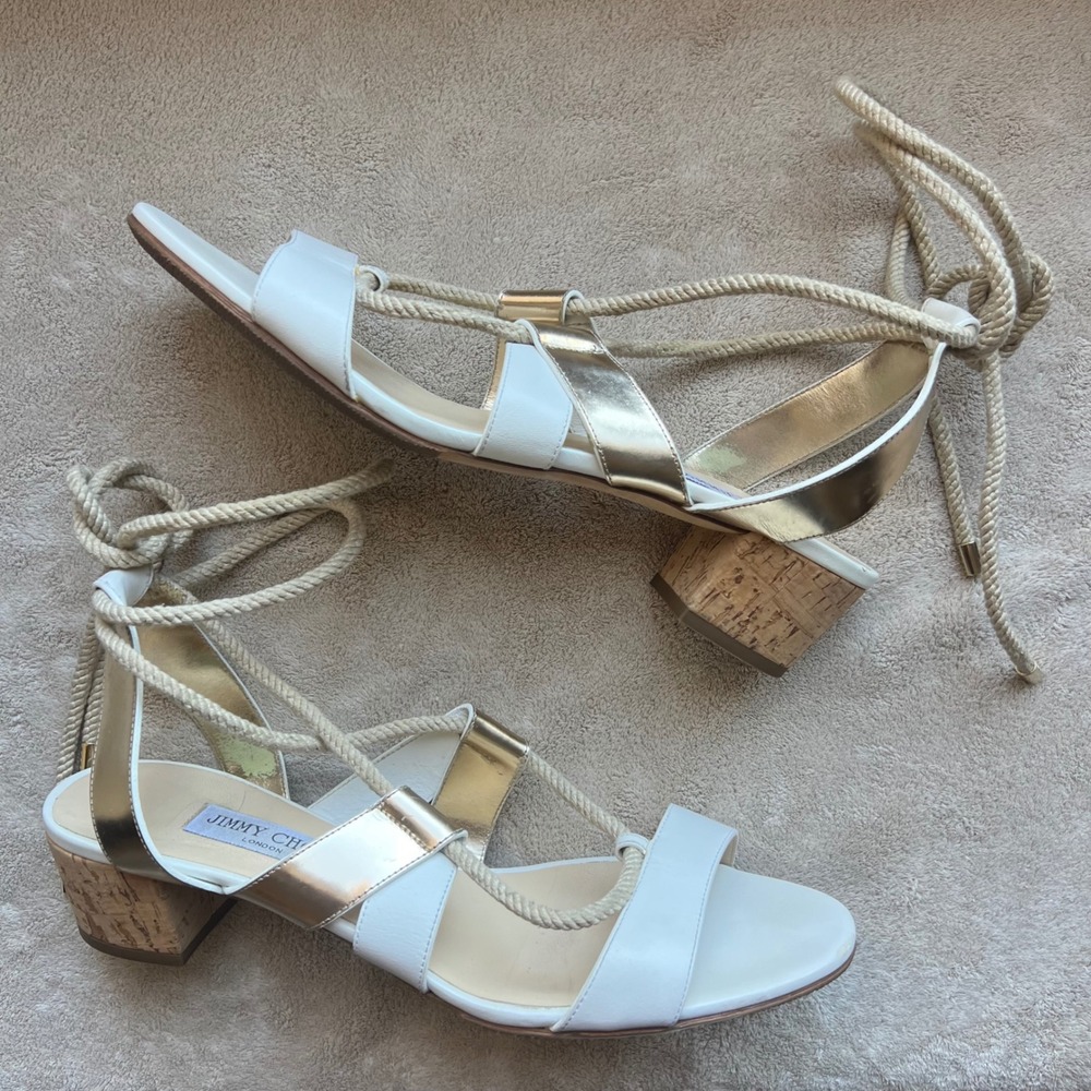 Jimmy Choo Women 11 EU43 White & Gold Leather‎ Rope Tie Cork Block Heel Sandal